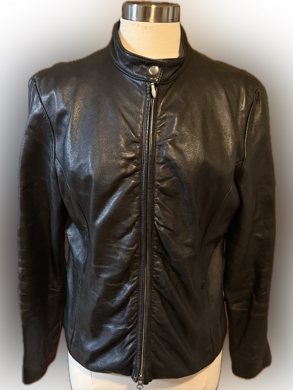 Wilsons Leather Maxima Black Ruched Leather Moto Jacket Vintage Large